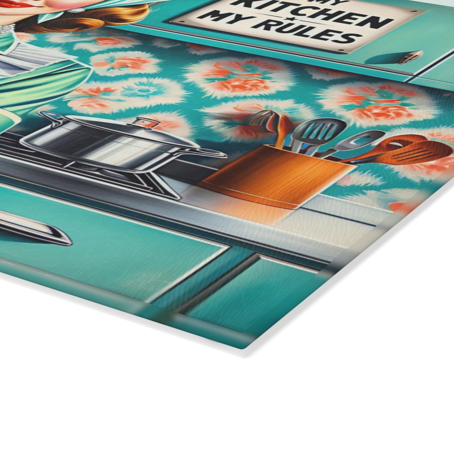 🍒✨ “Retro Kitchen Queen – My Kitchen, My Rules!” Glass Cutting Board – Sassy Vintage Charm