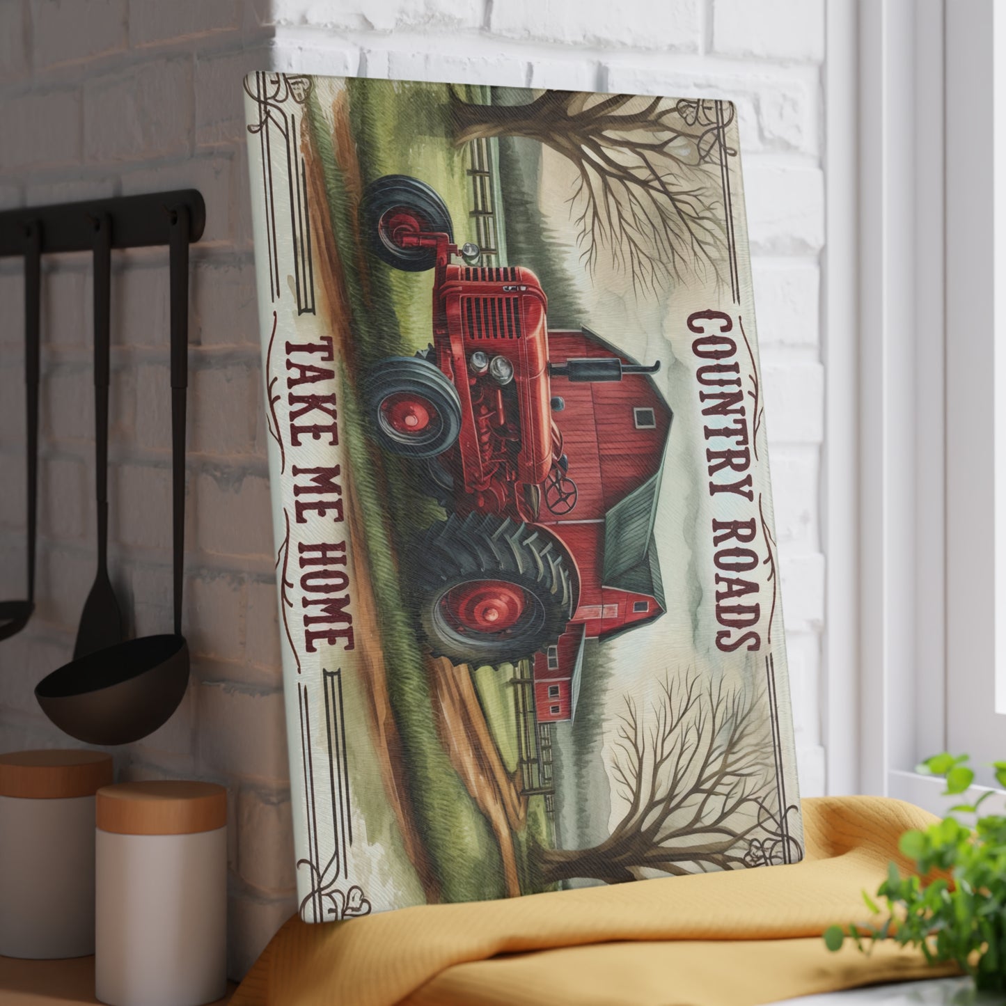 🚜🌾 Country Roads Tractor Glass Cutting Board – Rustic Farmhouse Charm for Your Kitchen 🌾🚜