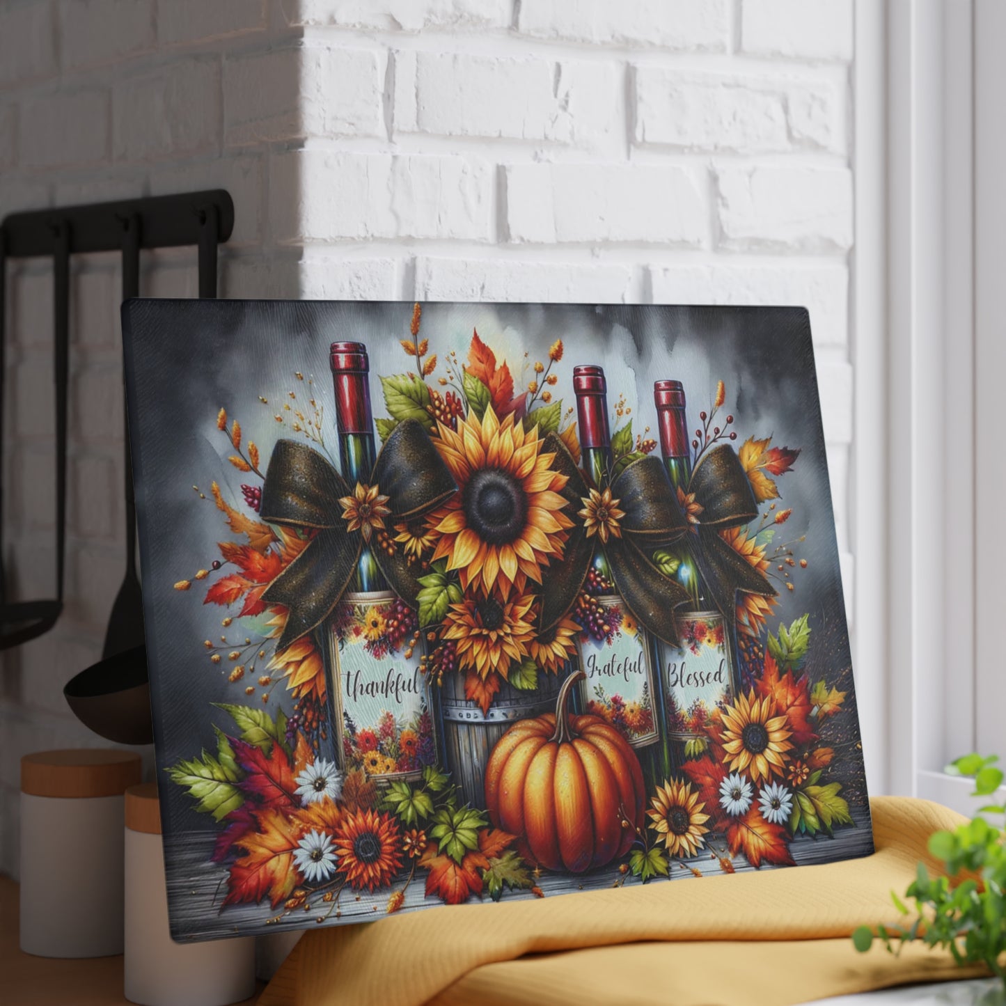 🍂🍷 “Thankful • Grateful • Blessed” Sunflower Wine Trio – Glass Cutting Board