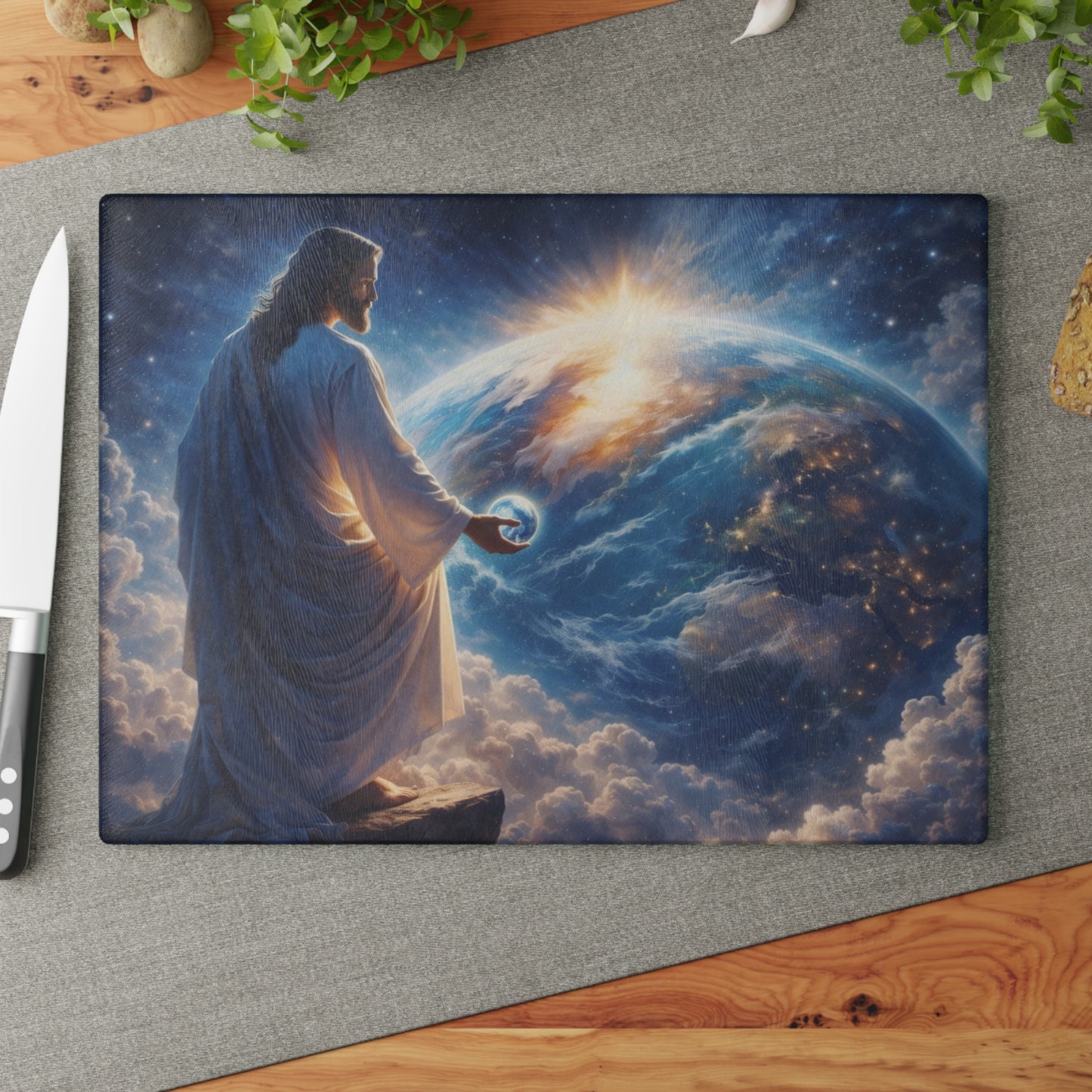 King of Creation Glass Cutting Board – Faith-Inspired Artwork Holding the World