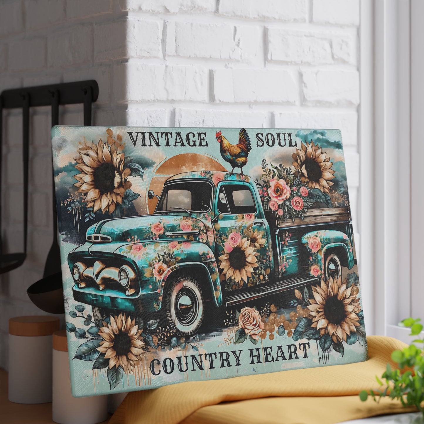 🚜🌻 Vintage Soul Country Heart Cutting Board – Rustic Truck & Sunflower Charm 🐓🌹