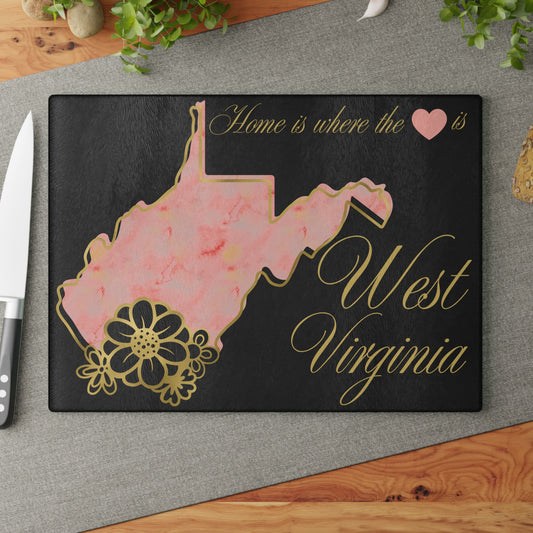🏡 West Virginia Floral State Cutting Board – “Home is Where the Heart Is” in Blush & Gold 🌸