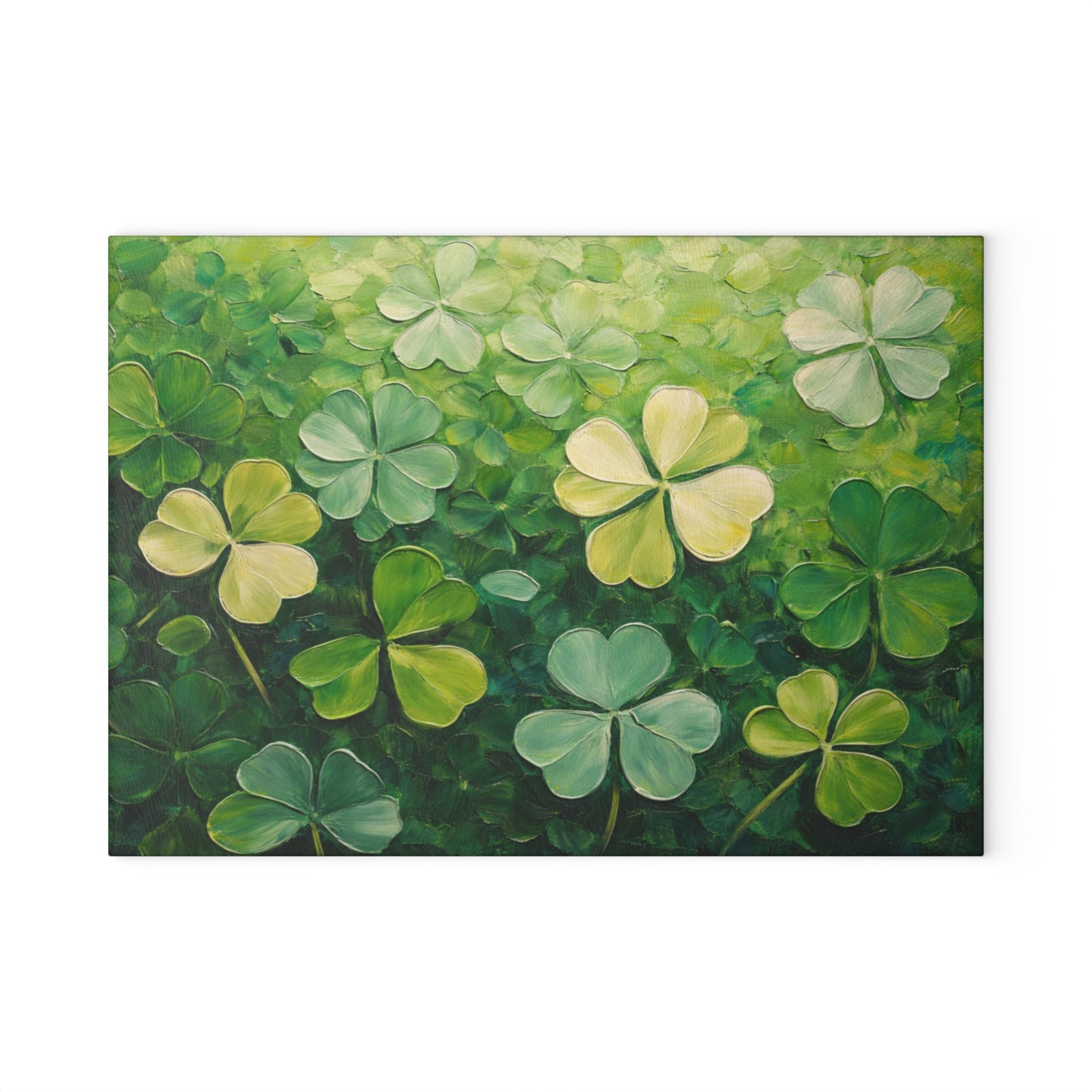 Shamrock Meadow Glass Cutting Board – Painterly Green Clover Kitchen Accent