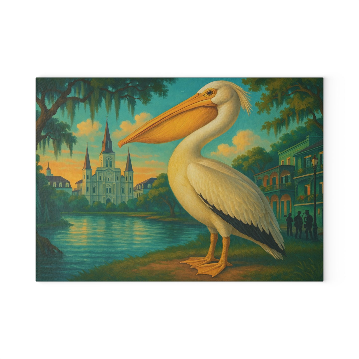 🪶 Pelican at the River – New Orleans Skyline Tempered Glass Cutting Board