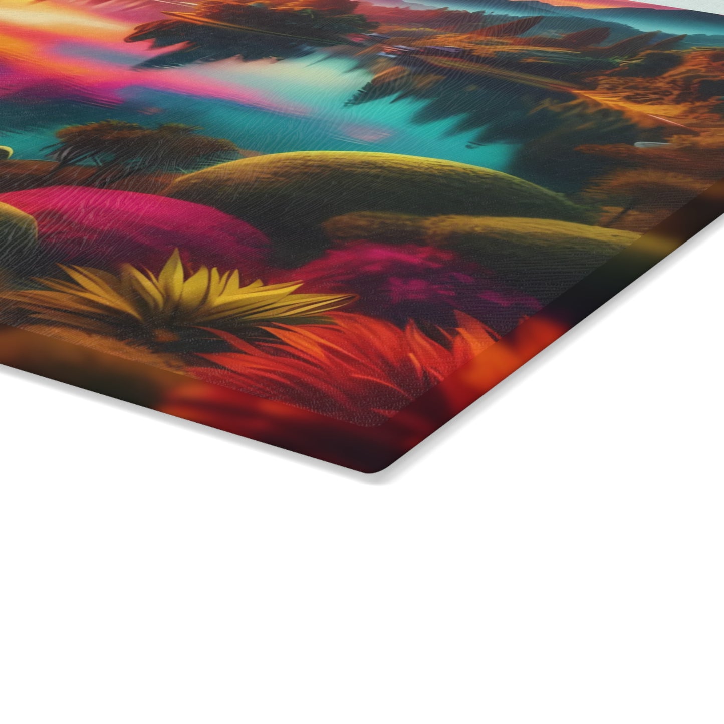 Tabla de cortar de vidrio Sunset Garden Serenity: vista al lago de ensueño para cocinas artísticas