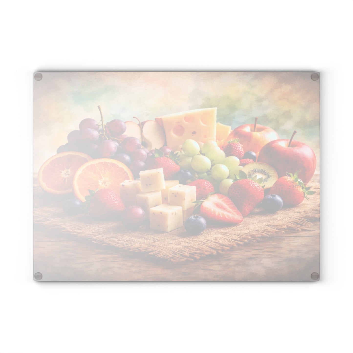 Farmhouse Fruit and Cheese Still Life Glass Cutting Board – Rustic Kitchen Art with Vibrant Harvest Colors