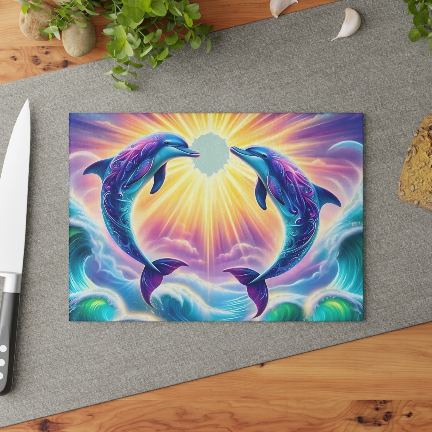 Personalized Dolphin Glass Cutting Board – Vibrant Ocean Decor, Custom Beach House Gift, Marine Life Charcuterie Board