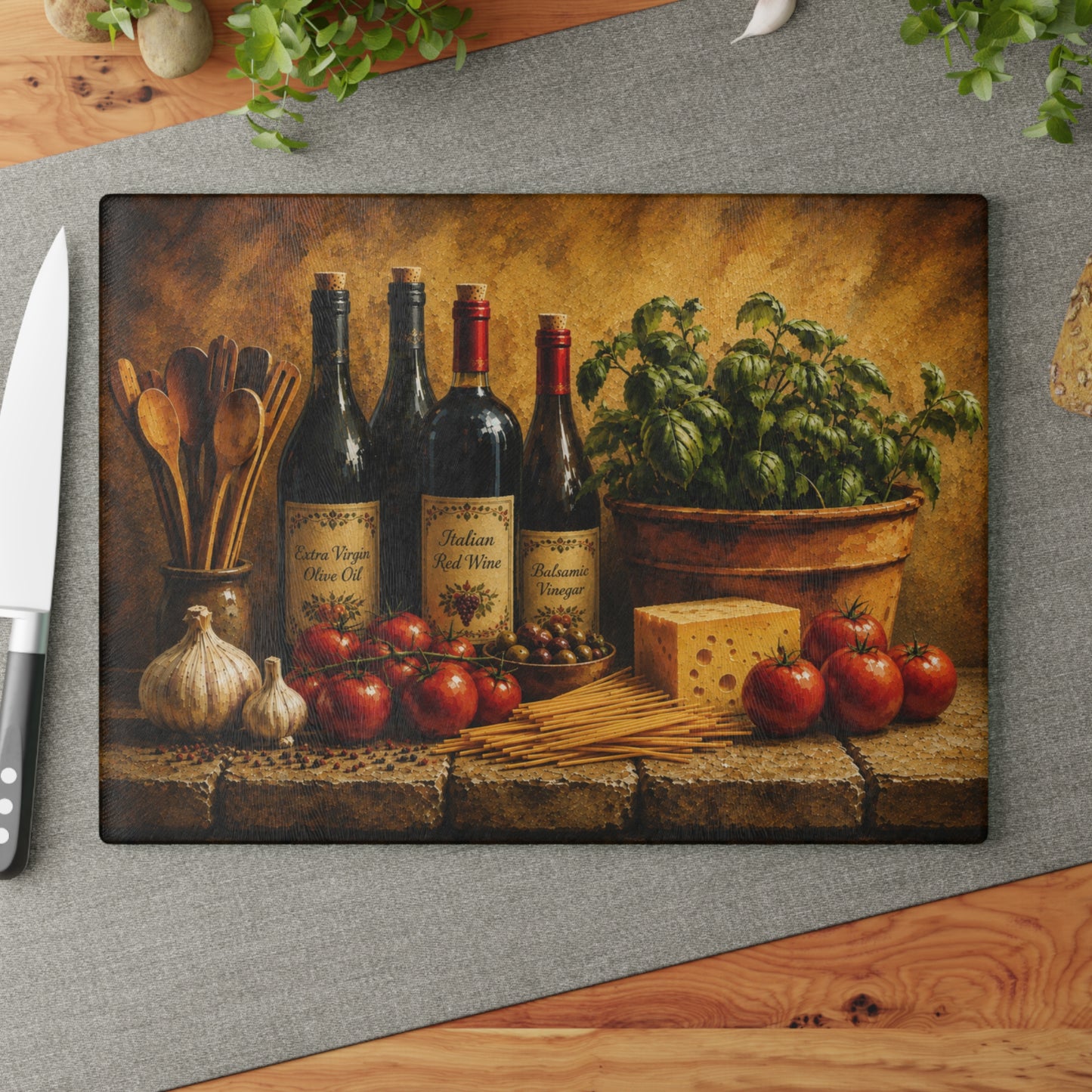 Tuscan Italian Kitchen Glass Cutting Board – Olive Oil, Red Wine, Balsamic Vinegar, Basil & Tomato Decor