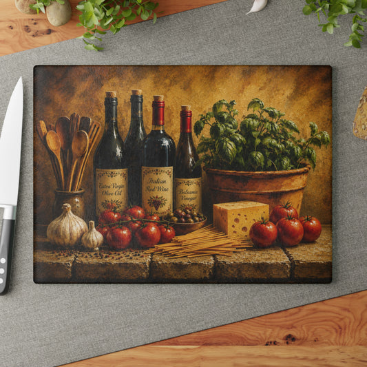 Tuscan Italian Kitchen Glass Cutting Board – Olive Oil, Red Wine, Balsamic Vinegar, Basil & Tomato Decor