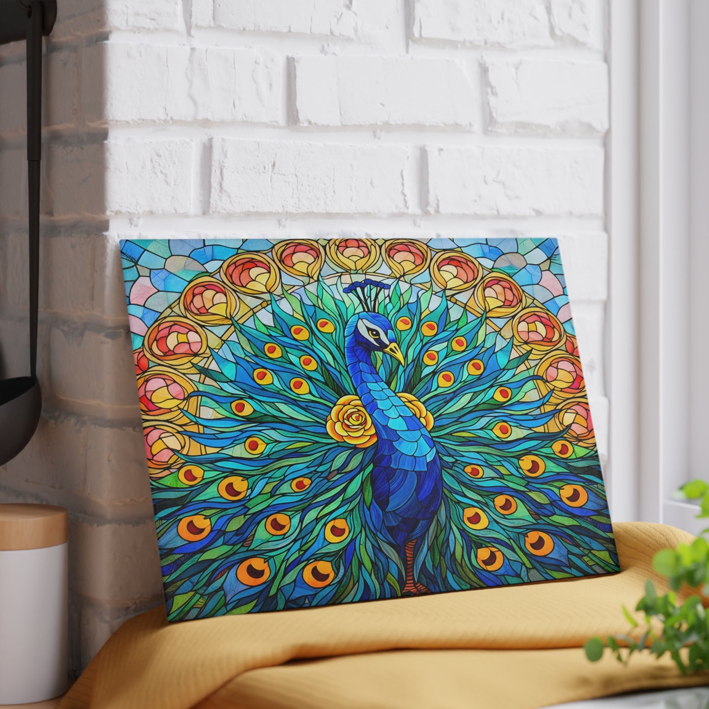 Stained Glass Style Peacock Glass Cutting Board – Vibrant Jewel-Tone Art Kitchen Decor
