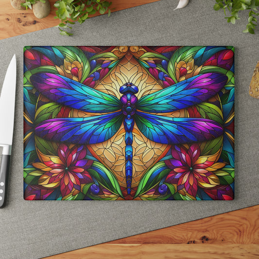 Stained Glass Dragonfly Glass Cutting Board – Colorful Botanical Art Kitchen Display