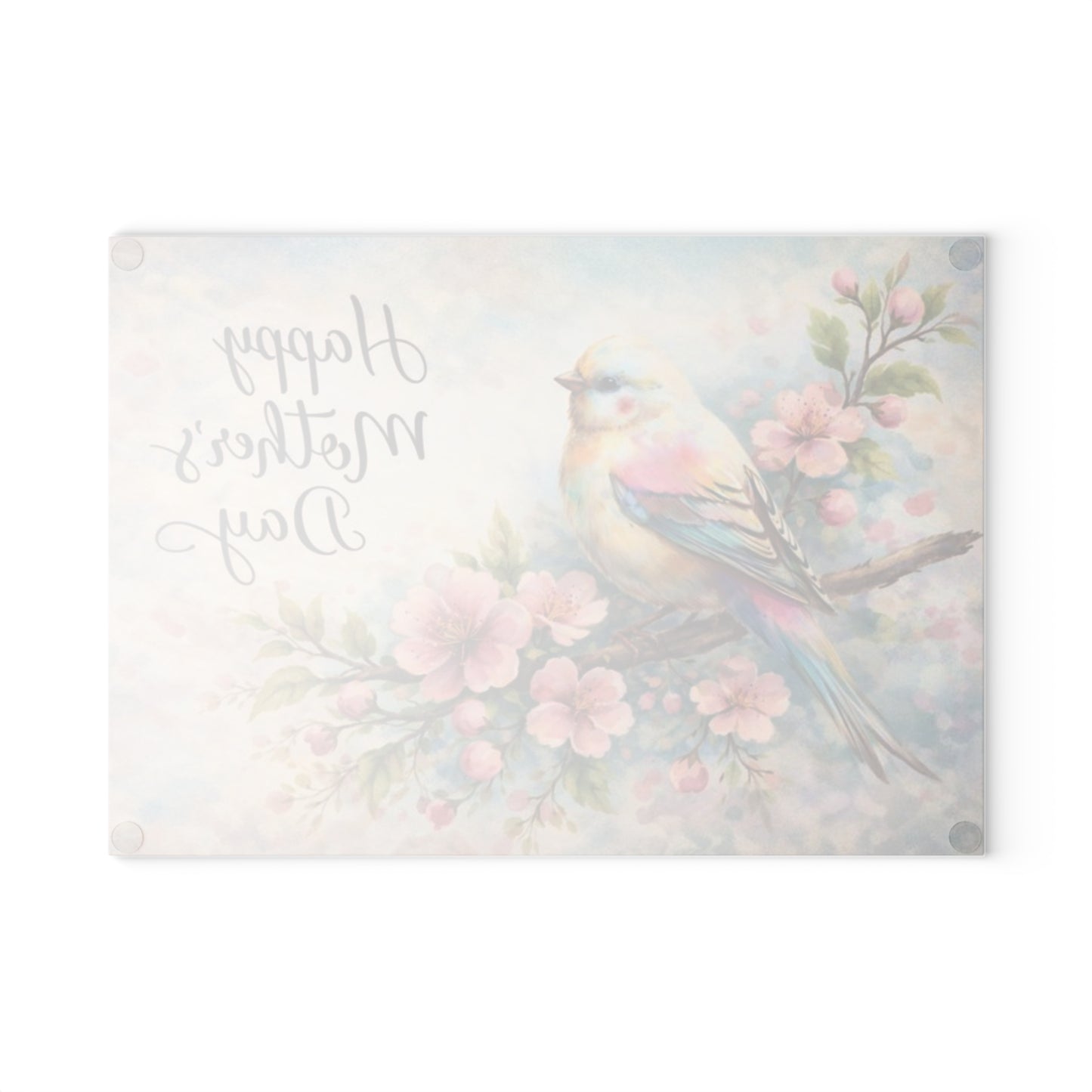 Happy Mother’s Day Bird & Cherry Blossom Glass Cutting Board – Soft Spring Floral Kitchen Accent