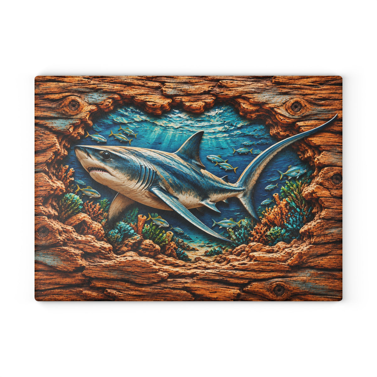 Thresher Shark Glass Cutting Board – Ocean Predator, Tropical Fish, Coral Reef & 3D Carved Wood Look