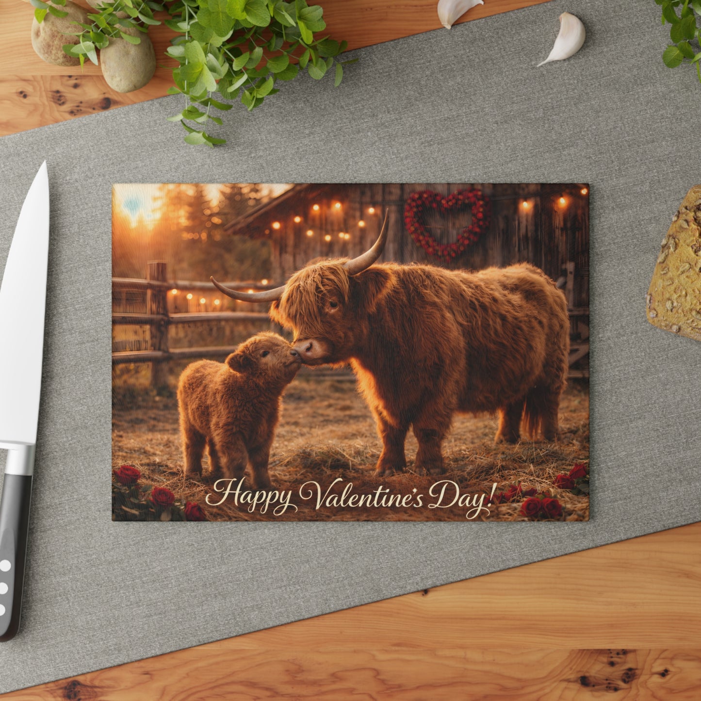 Valentine Highland Cow Mother & Calf Glass Cutting Board – Cozy Farmhouse Love Kitchen Decor