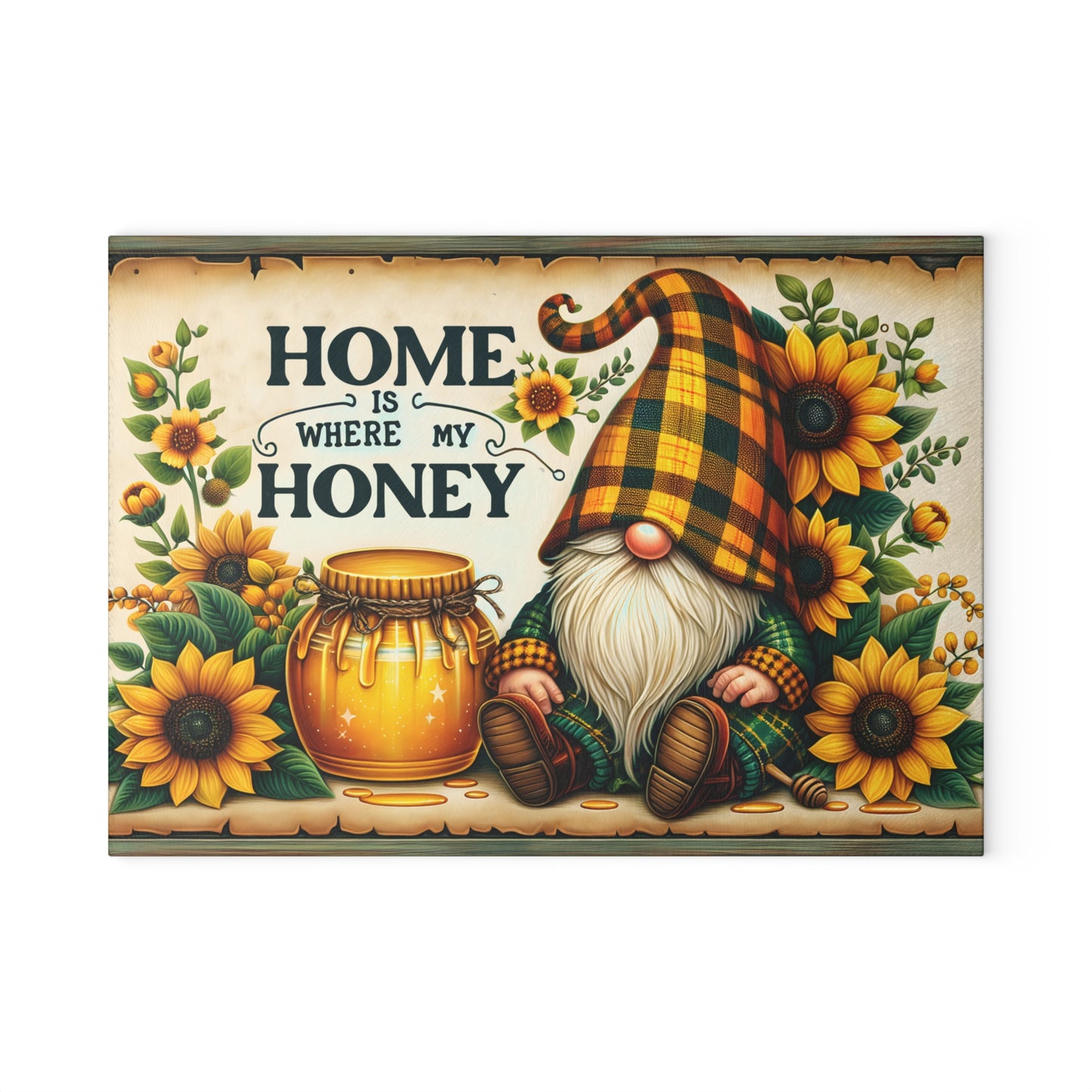 🌻🍯 “Home Is Where My Honey” Sunflower Gnome Cutting Board – Warm Country Charm for Your Kitchen