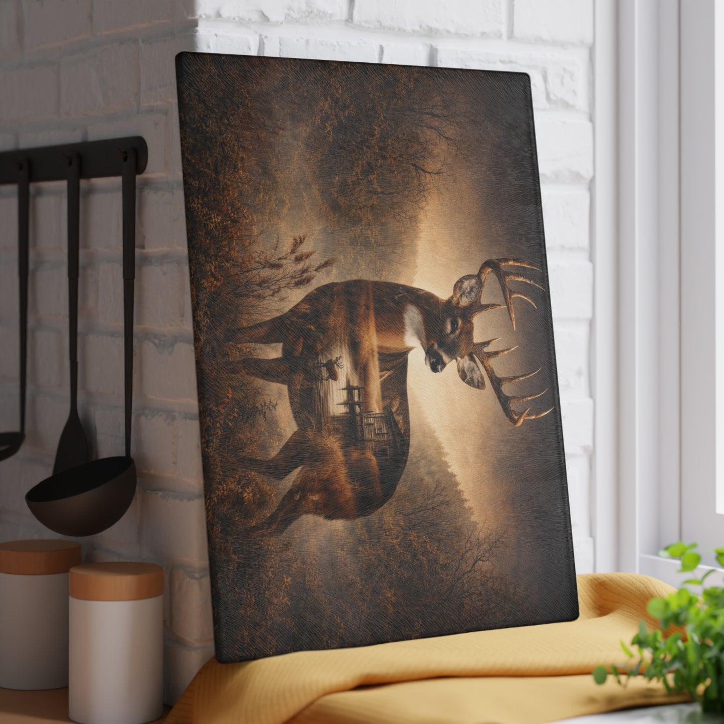 Majestic Whitetail Deer Glass Cutting Board – Rustic Woodland Wildlife Kitchen Art & Display Board