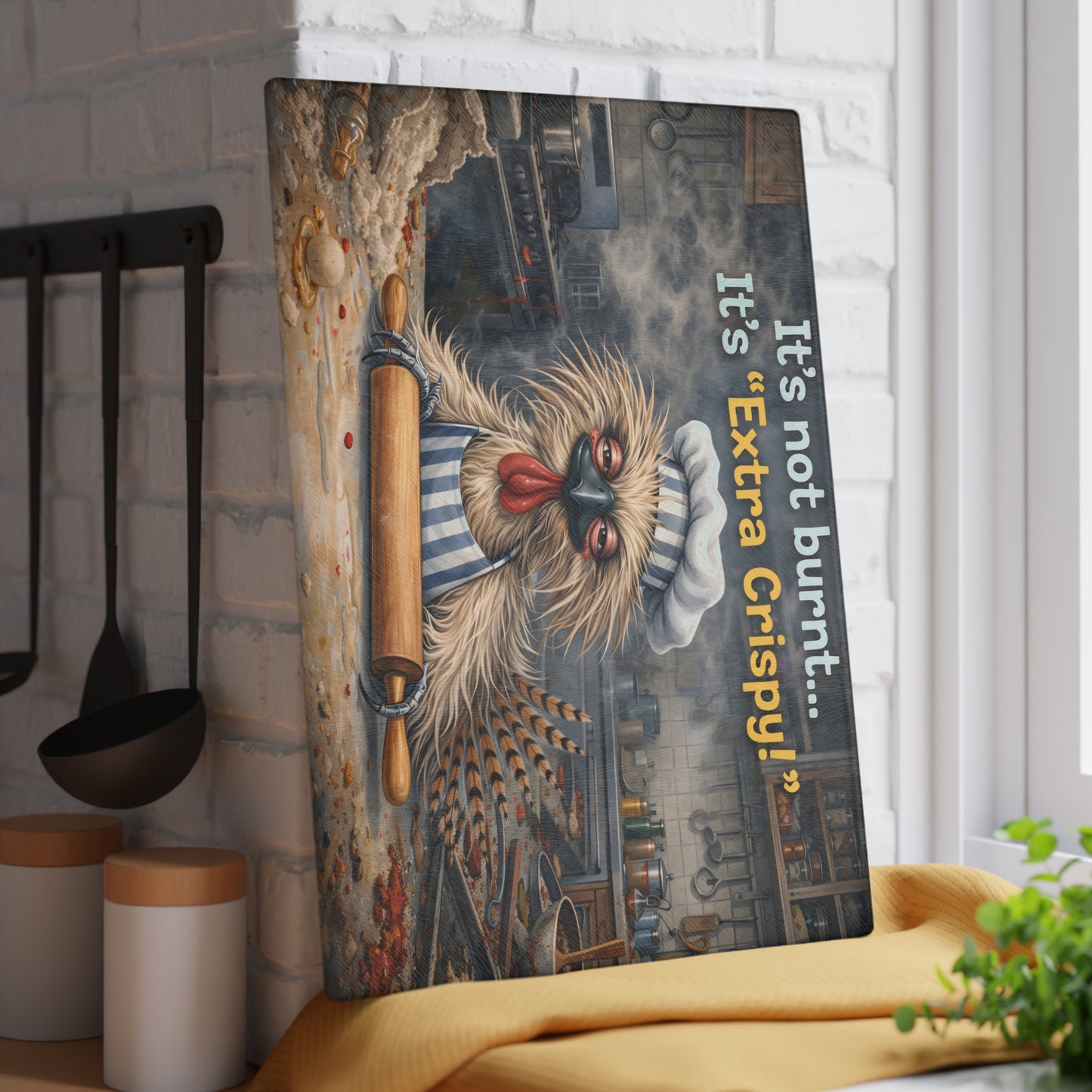 Extra Crispy Kitchen Humor Glass Cutting Board – Playful Baking Chicken Art Decor