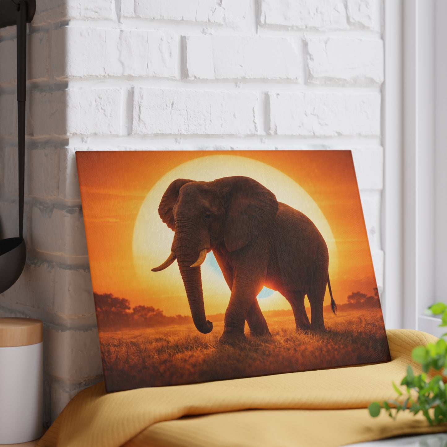 Golden Sunset Elephant Glass Cutting Board – Majestic Safari Wildlife Kitchen Art