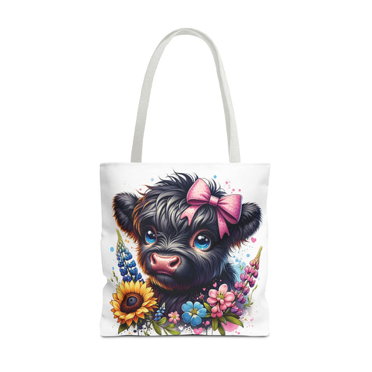 🌸 Black Highland Calf Floral Tote Bag – Sweet Style for Every Age 🐮👜