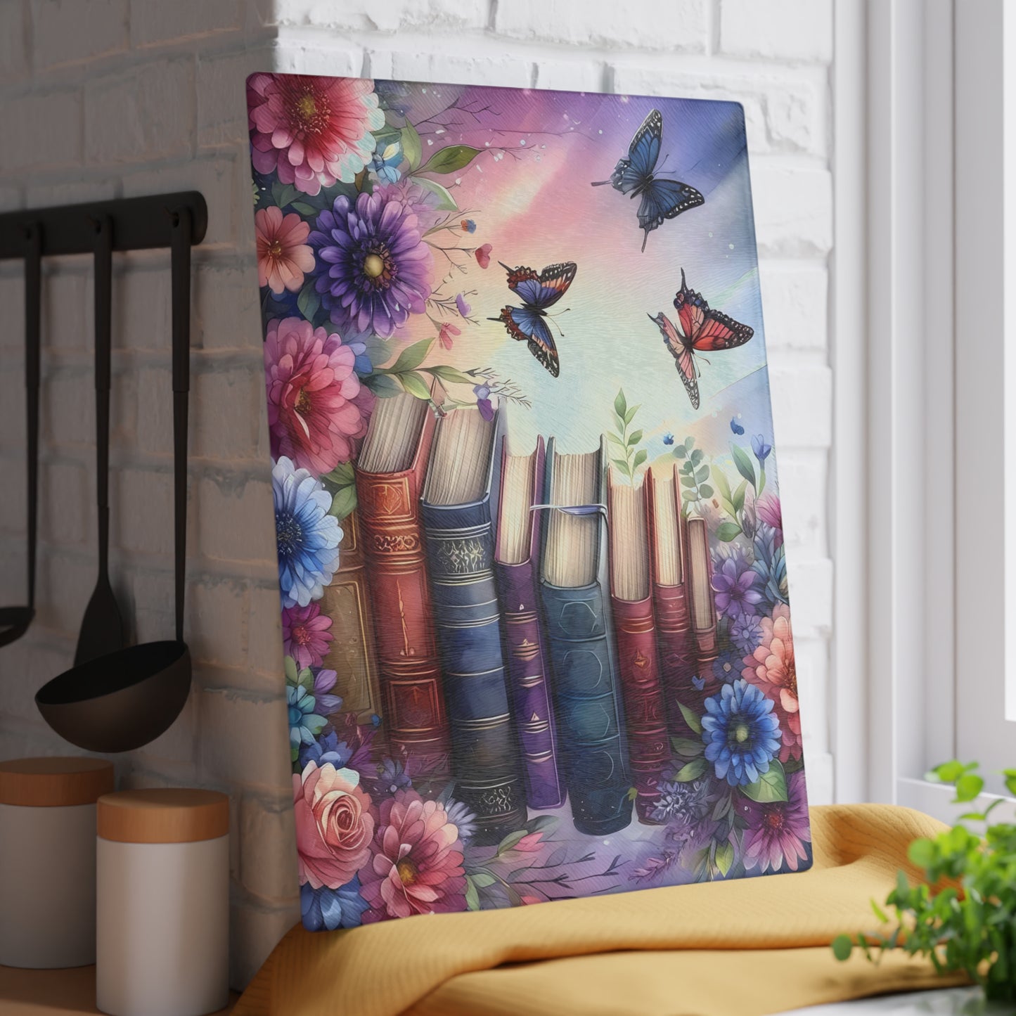 Tabla de cortar con forma de mariposa, regalo para amantes de los libros, tabla de cortar de vidrio, tabla de vidrio templado, regalo para ratones de biblioteca, idea de regalo de cocina, decoración de cocina única