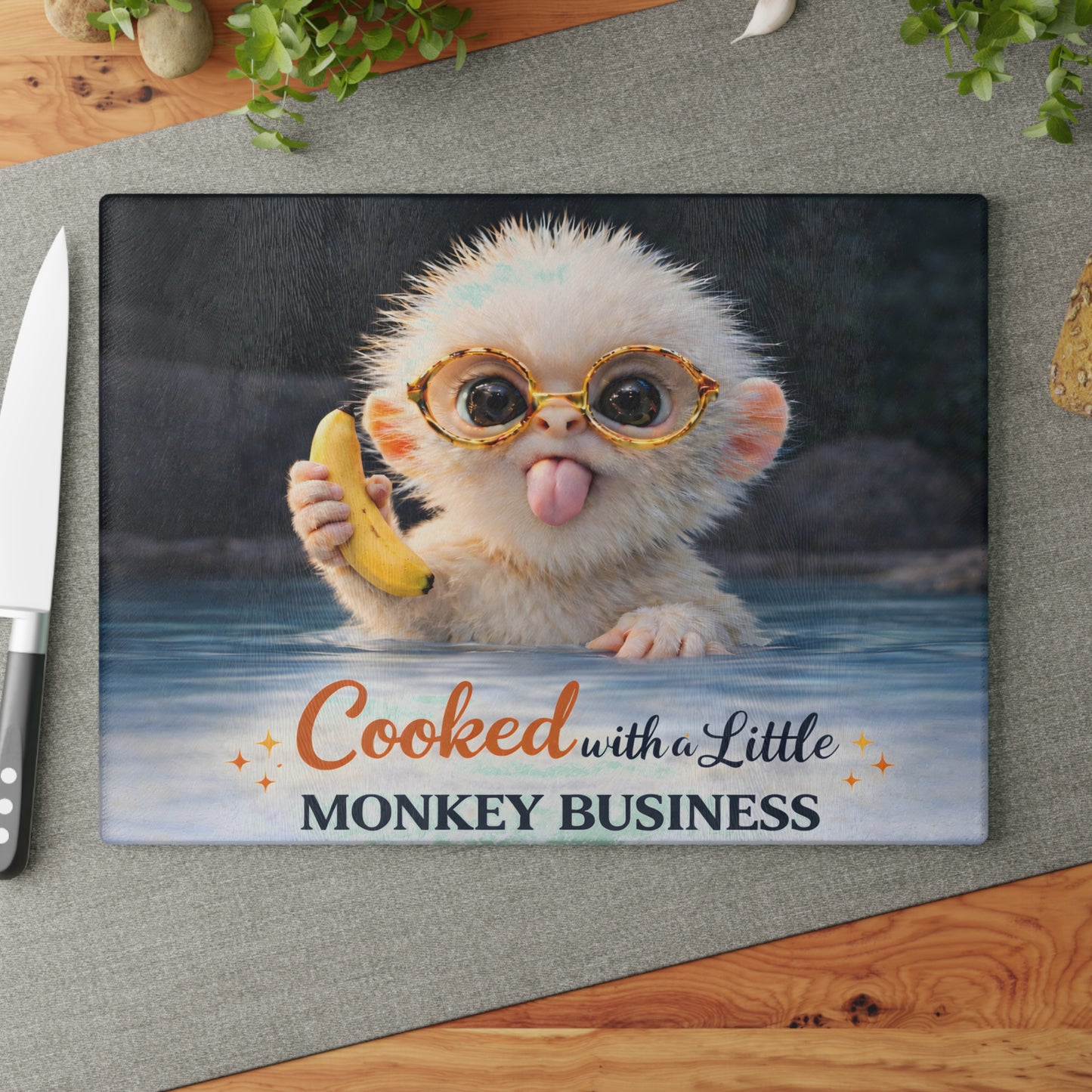 Playful Monkey Glass Cutting Board – “Cooked with a Little Monkey Business” Whimsical Kitchen Decor