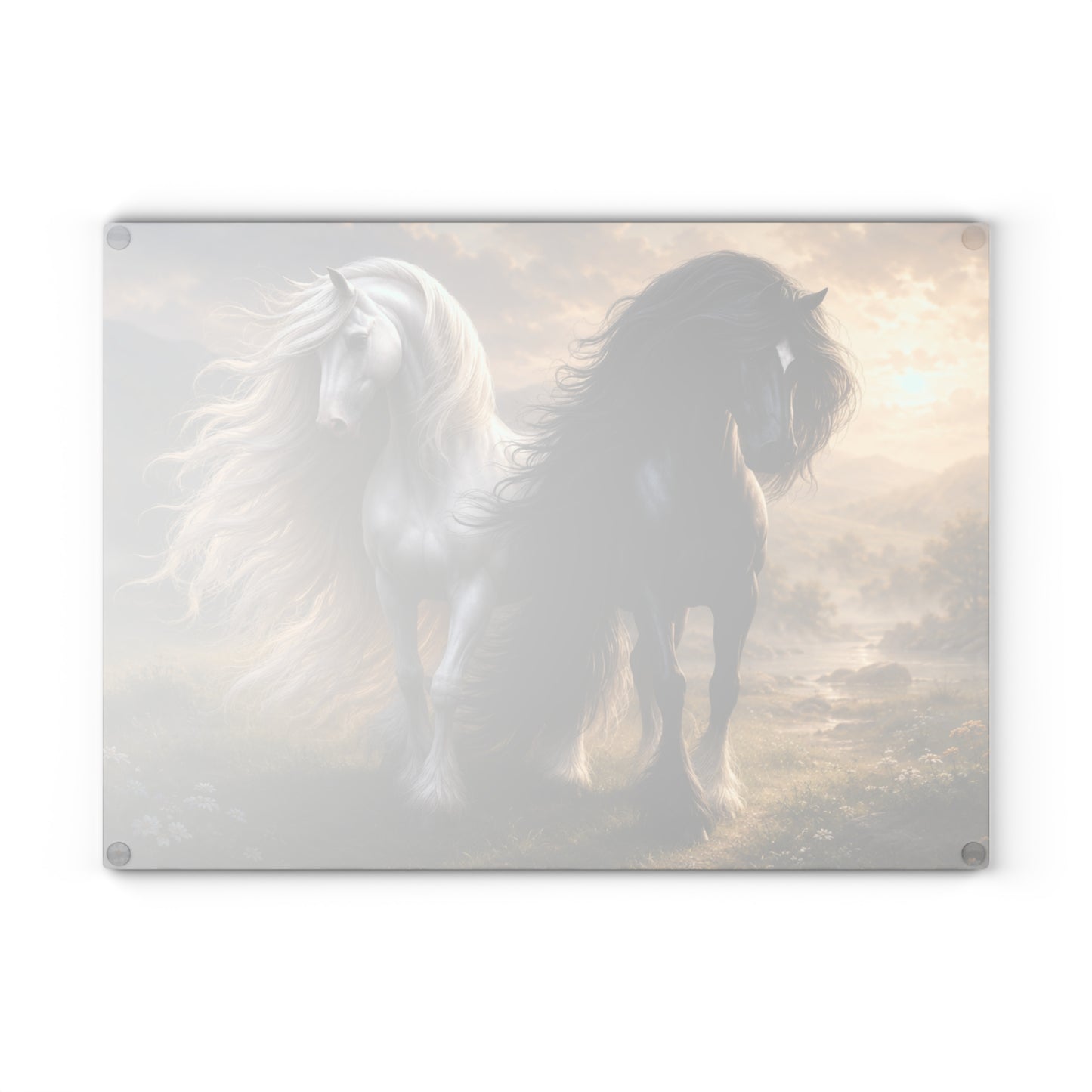 Majestic Black & White Horses Glass Cutting Board – Elegant Horse Kitchen Decor, Nature Lover Gift
