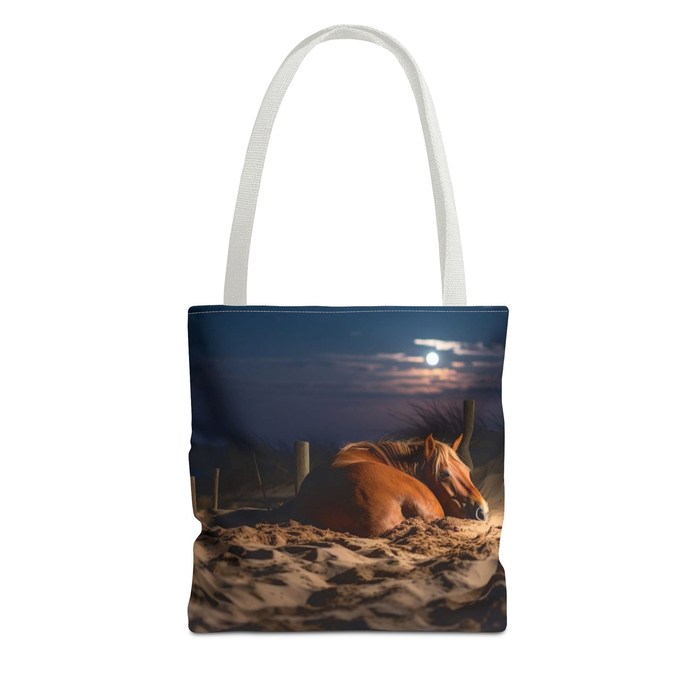 Bolsa de tela "Caballo durmiendo en la playa bajo la luz de la luna": una escapada serena a cada paso