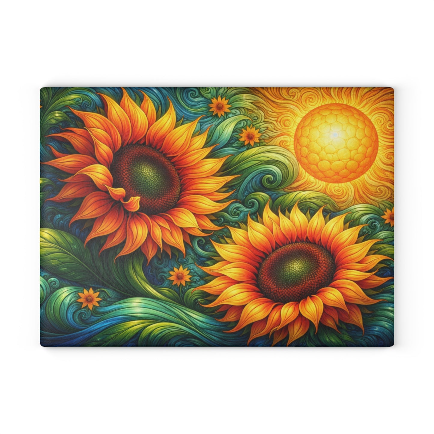 Sunflower Swirl Glass Cutting Board – Vibrant Farmhouse Kitchen Decor