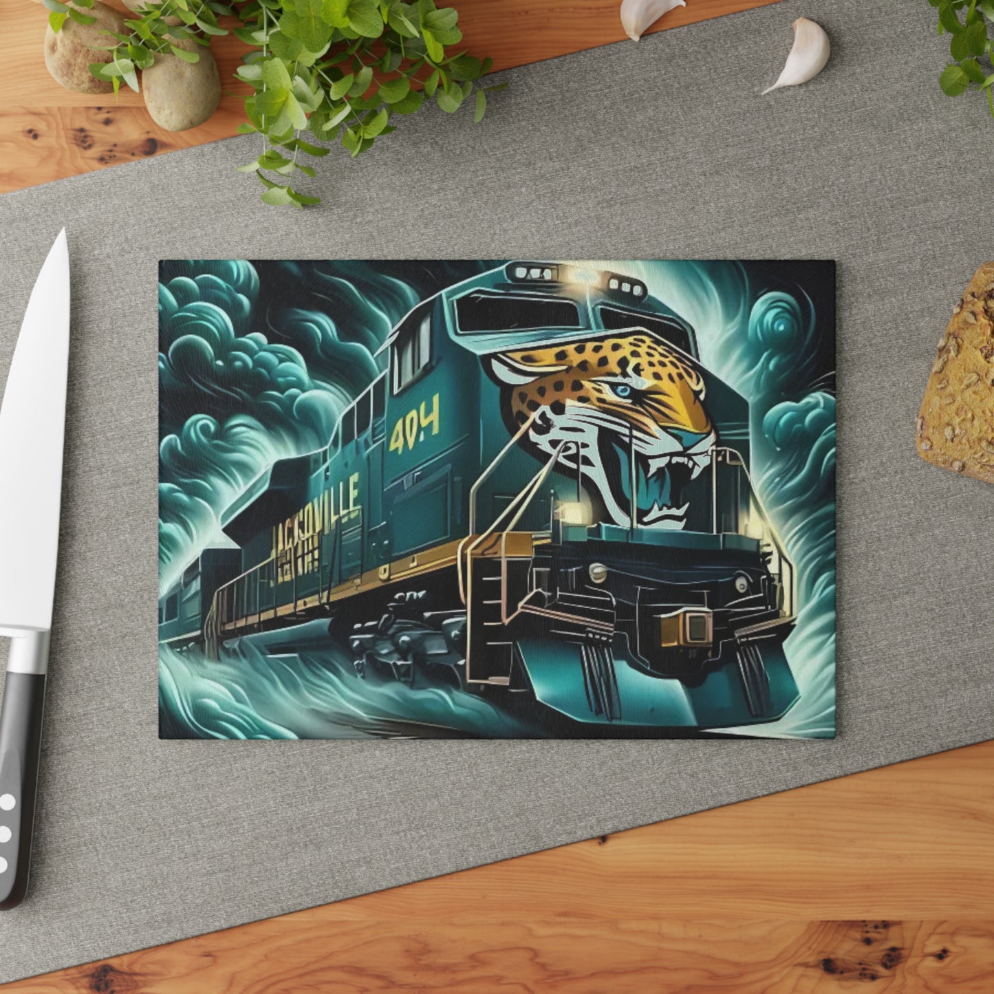 Tabla de cortar de vidrio Express en verde azulado y dorado: arte inspirado en la jungla para cocinas audaces y únicas