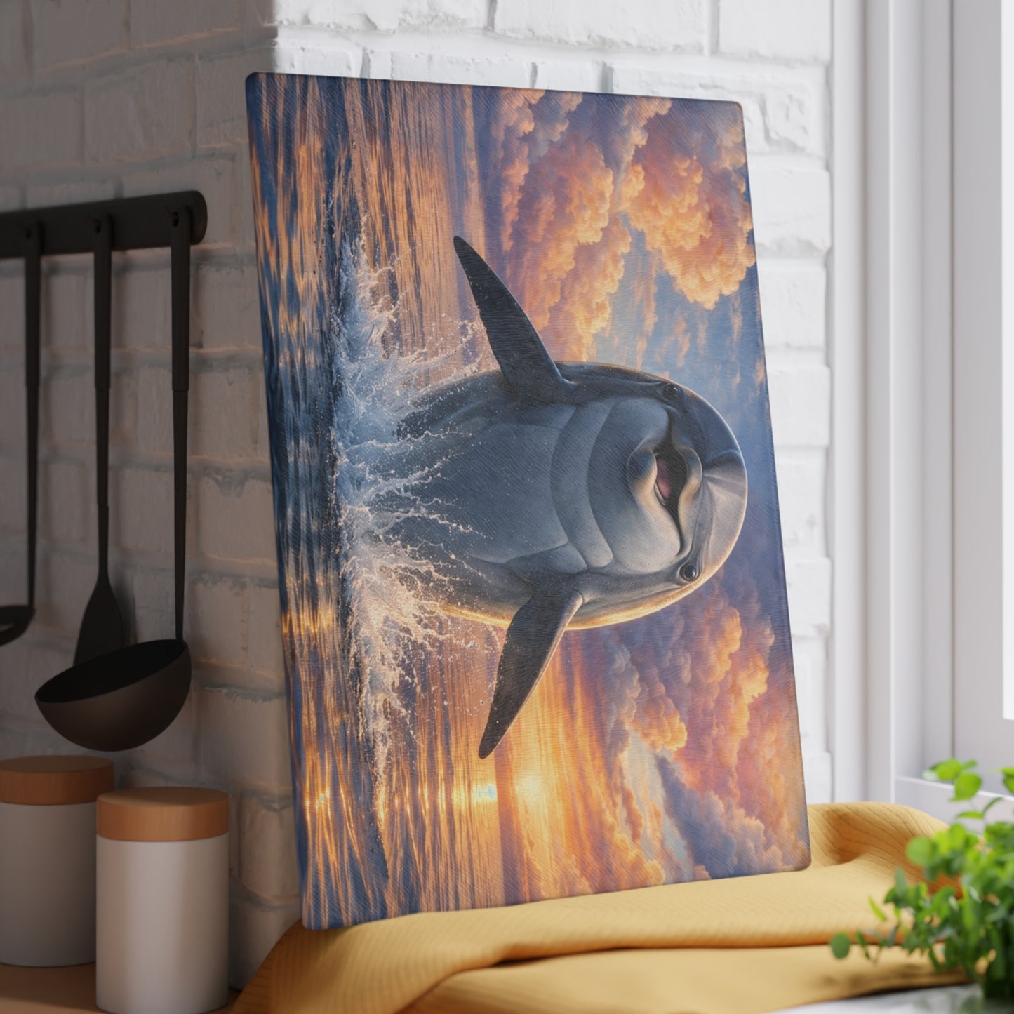 Joyful Dolphin Sunrise Glass Cutting Board – Uplifting Ocean Artwork
