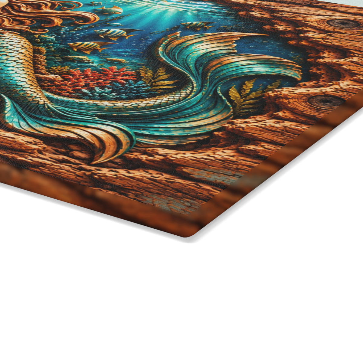 Enchanted Mermaid Glass Cutting Board – Turquoise Tail, Ocean Coral & Rustic 3D Wood Look