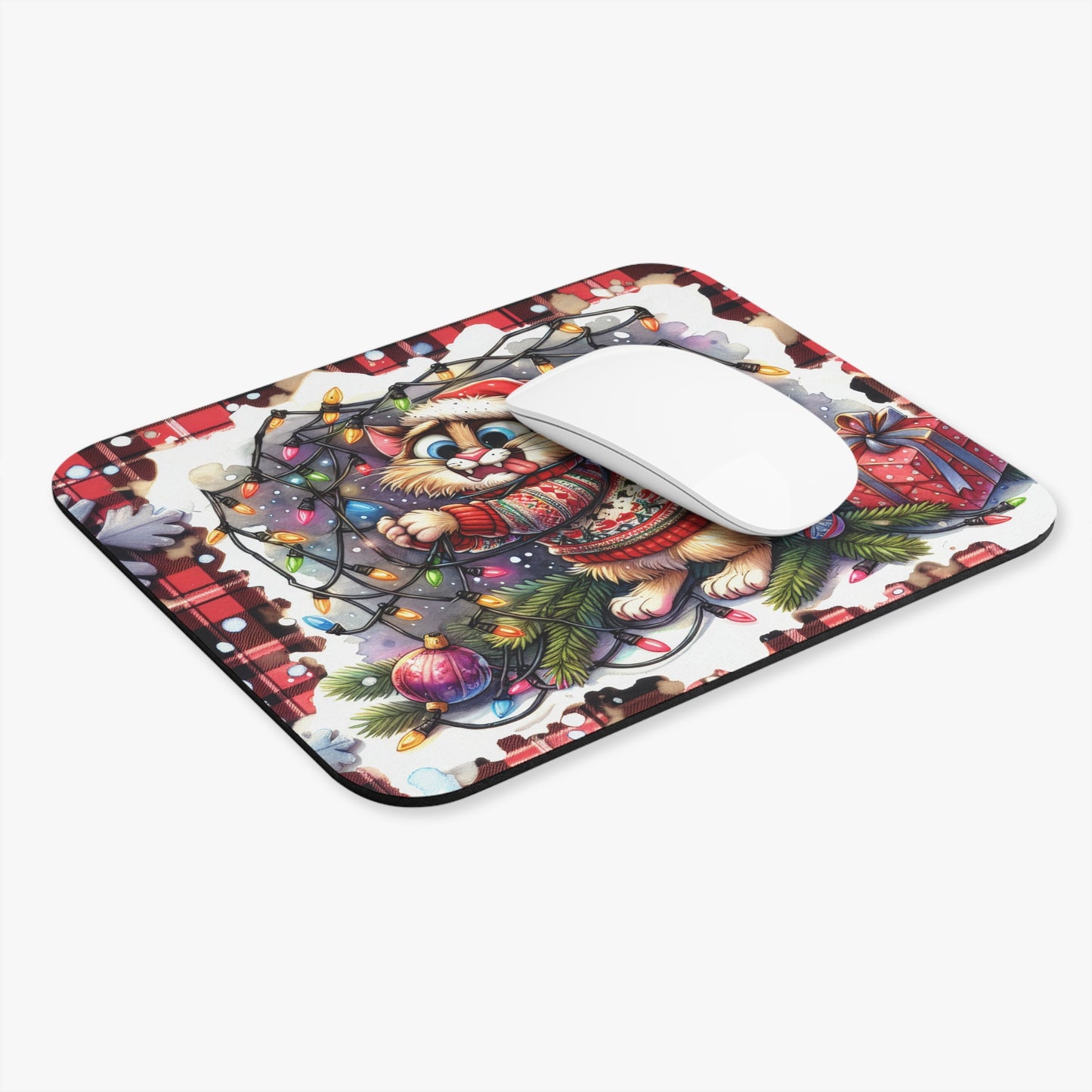 🖱️🎄🐱 Tangled Lights Christmas Cat Mouse Pad – Festive Plaid & Cozy Cheer