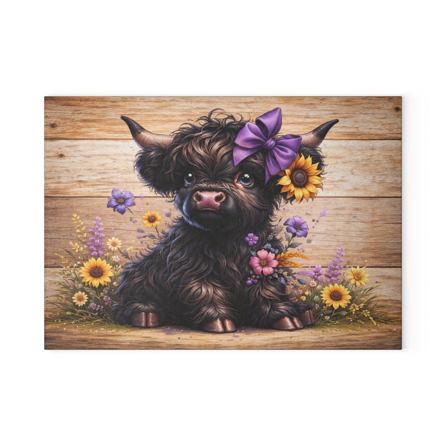 Sunflower Bow Highland Calf Glass Cutting Board – Rustic Farm Animal Art with Floral Country Charm