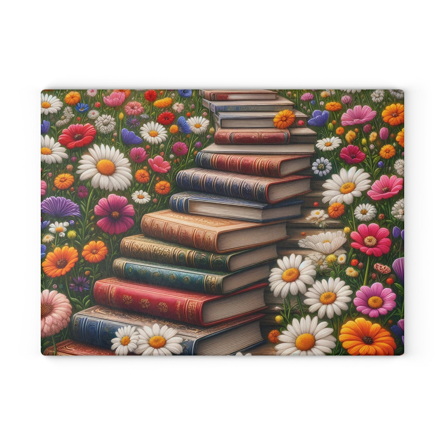 📚 Stacked Books & Wildflowers Cutting Board – Literary Charm Meets Kitchen Elegance 🌸