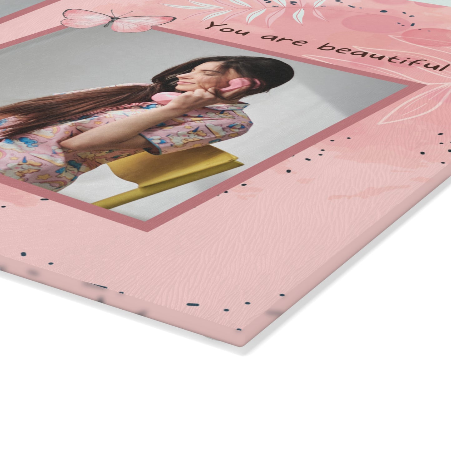 You Are Beautiful Photo Collage Glass Cutting Board – Pink Butterfly Inspirational Keepsake