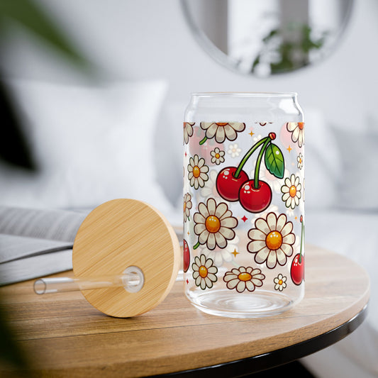 🍒🌼 Cherry & Daisy Delight Sipper Glass – Sweet Retro Fun for Every Sip 💫
