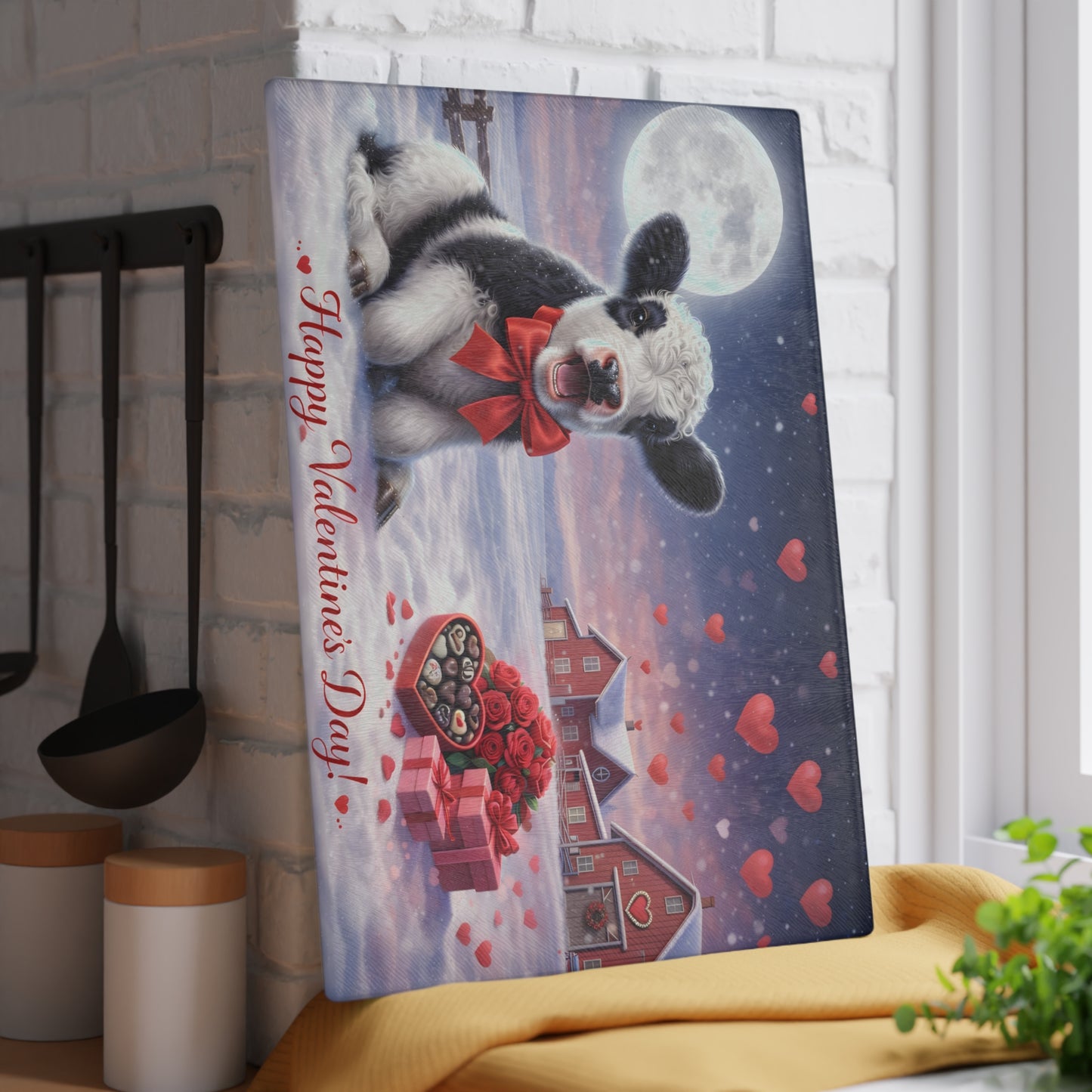 Valentine Calf Moonlight Farm Glass Cutting Board – Cozy Winter Farm Love Scene Kitchen Accent