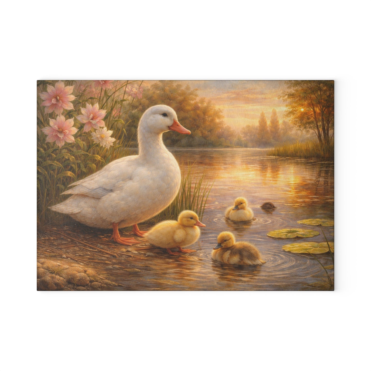 Mother Duck & Ducklings Peaceful Pond Glass Cutting Board – Cottage Nature Kitchen Art