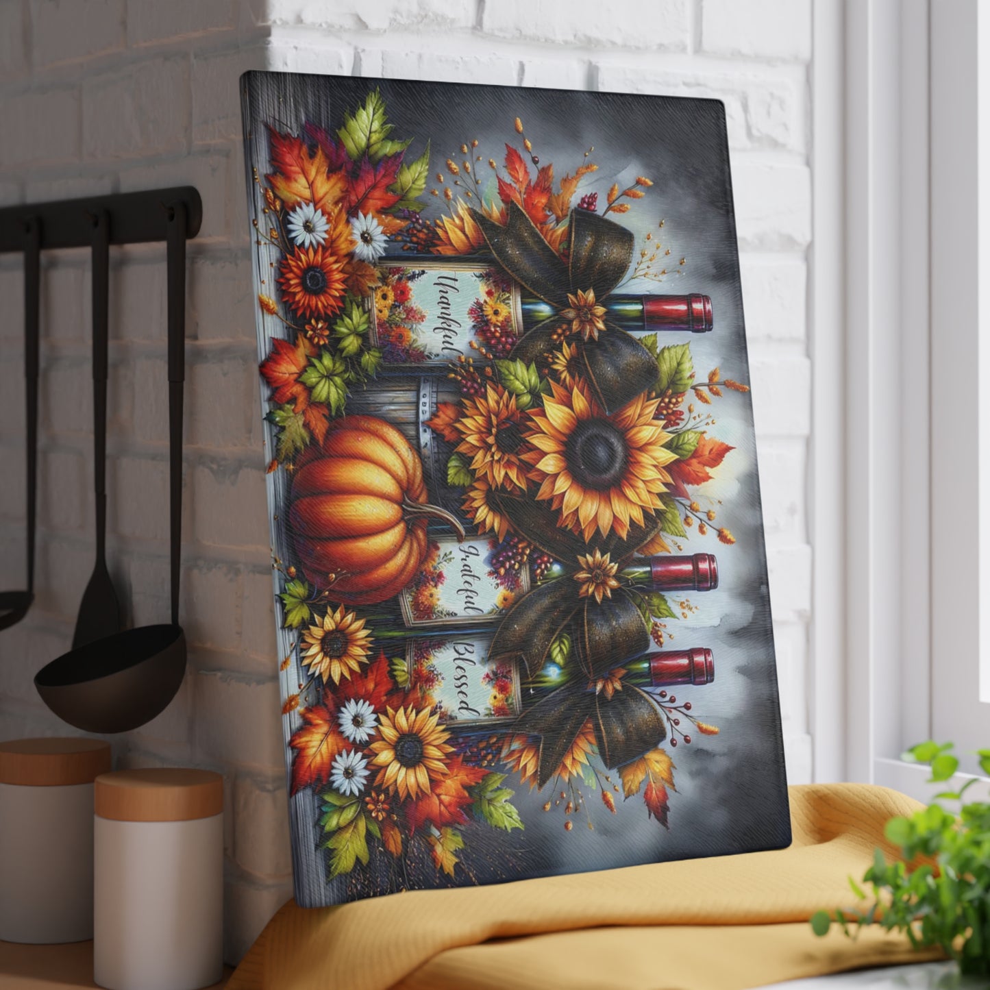 🍂🍷 “Thankful • Grateful • Blessed” Sunflower Wine Trio – Glass Cutting Board