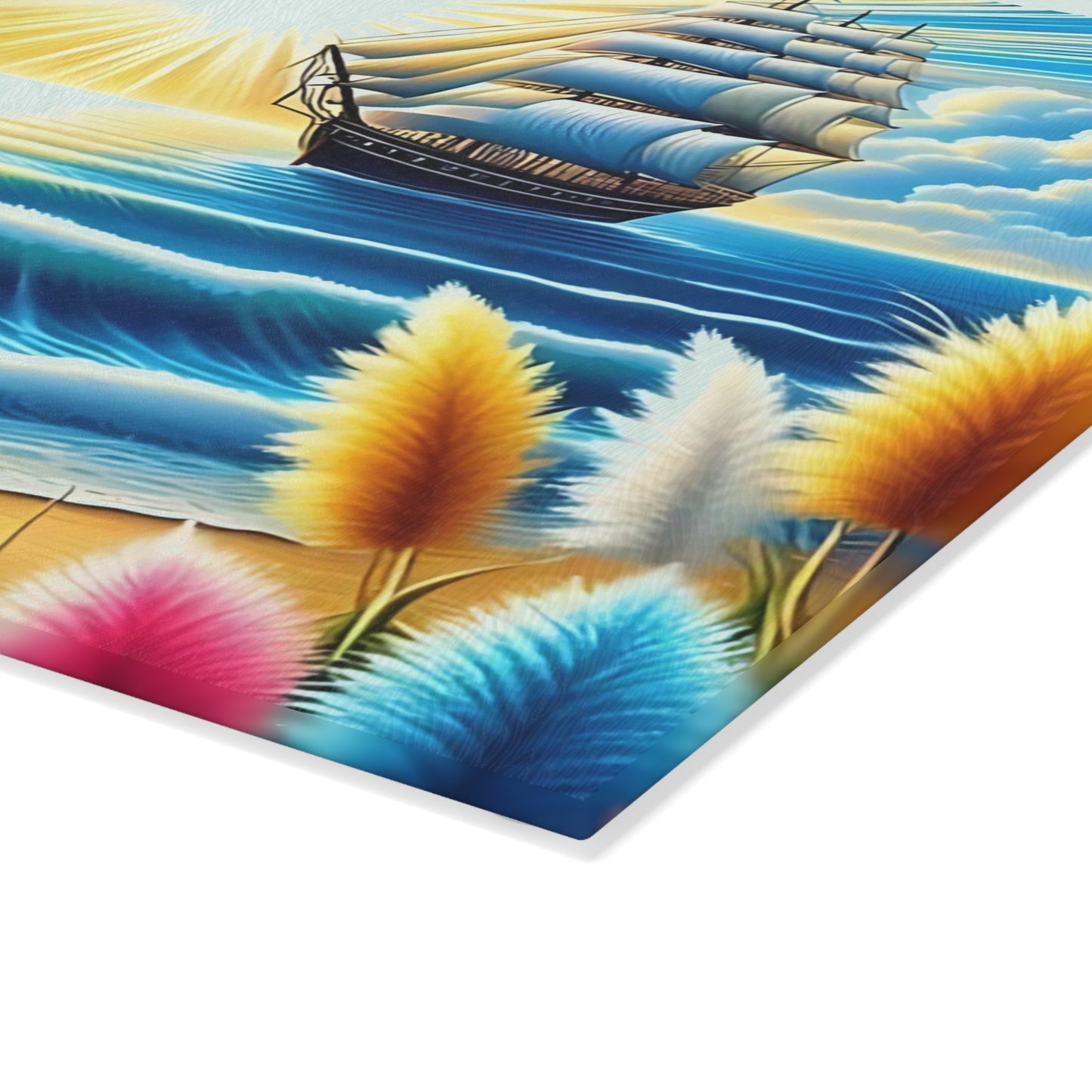 Tabla de cortar con un vibrante atardecer en el océano: decoración náutica de vidrio para cocinas costeras