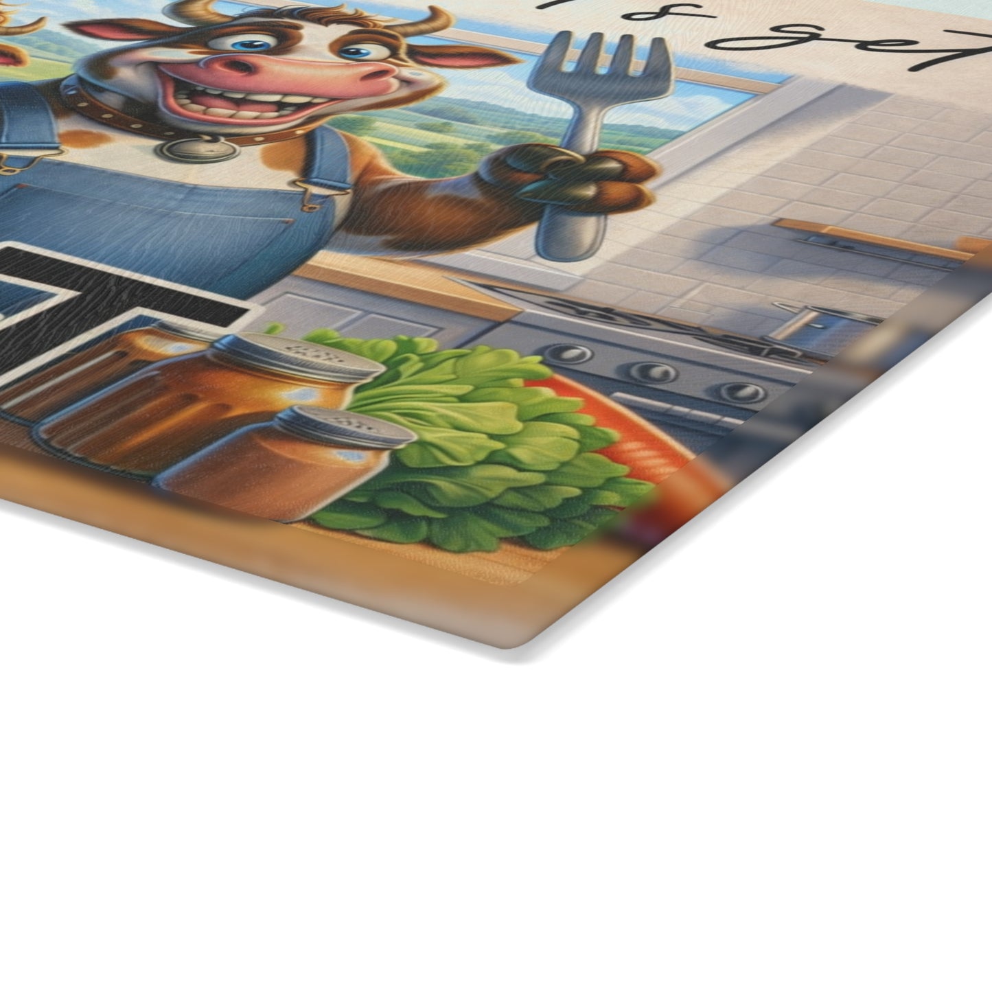 Fork It! Takeout Glass Cutting Board – Playful Cow Kitchen Art with Farmhouse Humor