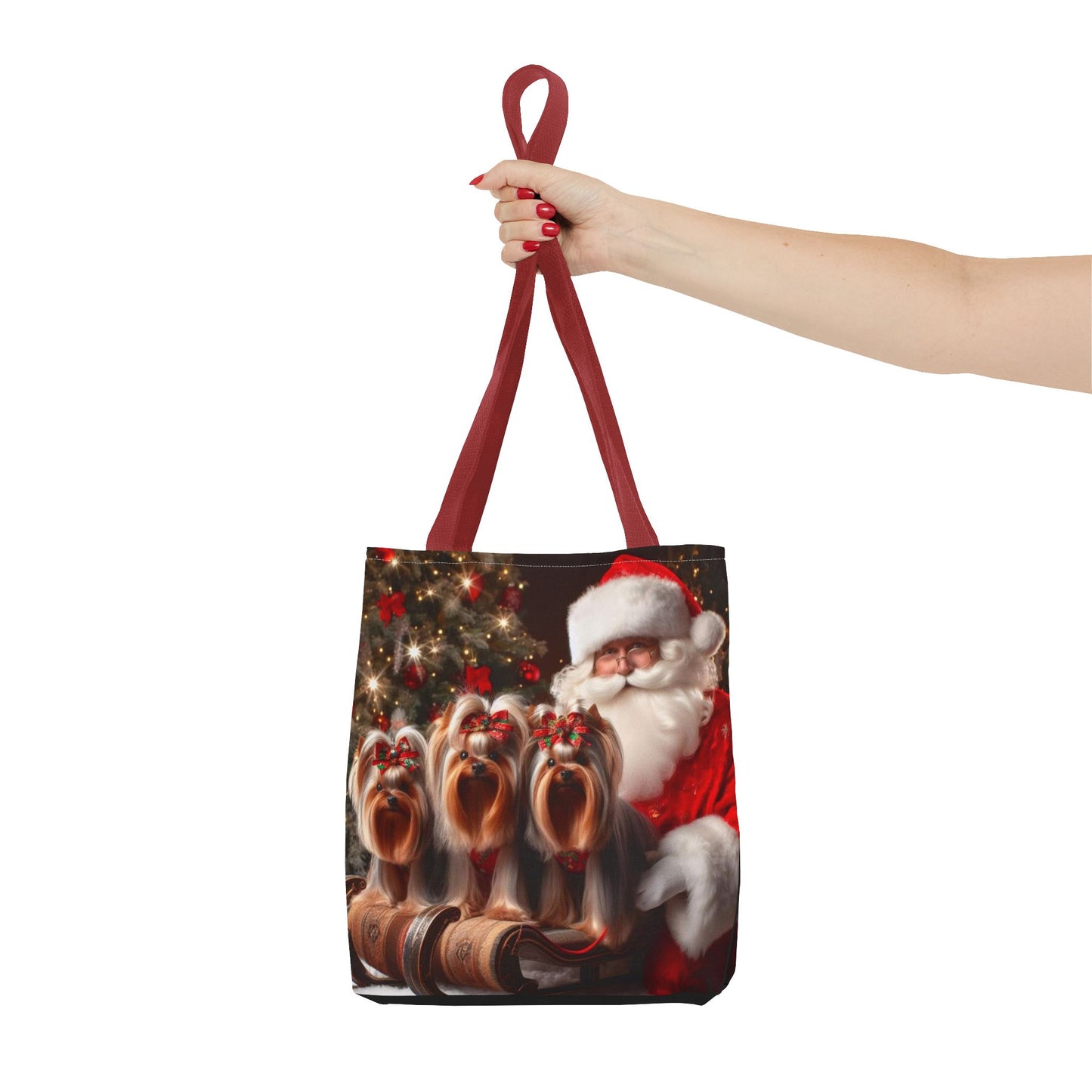 🎅 Santa & Yorkies Christmas Tote Bag – Holiday Cheer with a Furry Twist 🎄