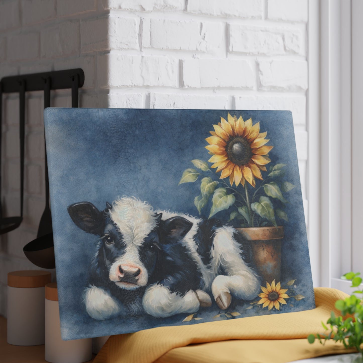 Sunflower & Baby Cow Glass Cutting Board – Rustic Farmhouse Kitchen Decor