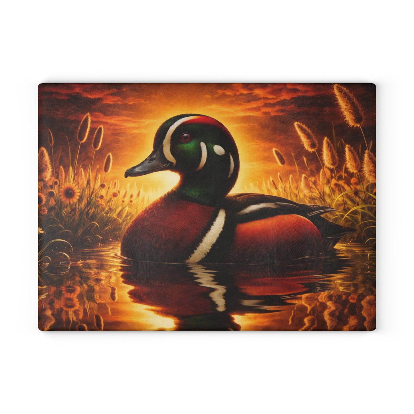 Hooded Merganser Duck at Golden Sunset Glass Cutting Board – Vibrant Wildlife Reflection Artwork