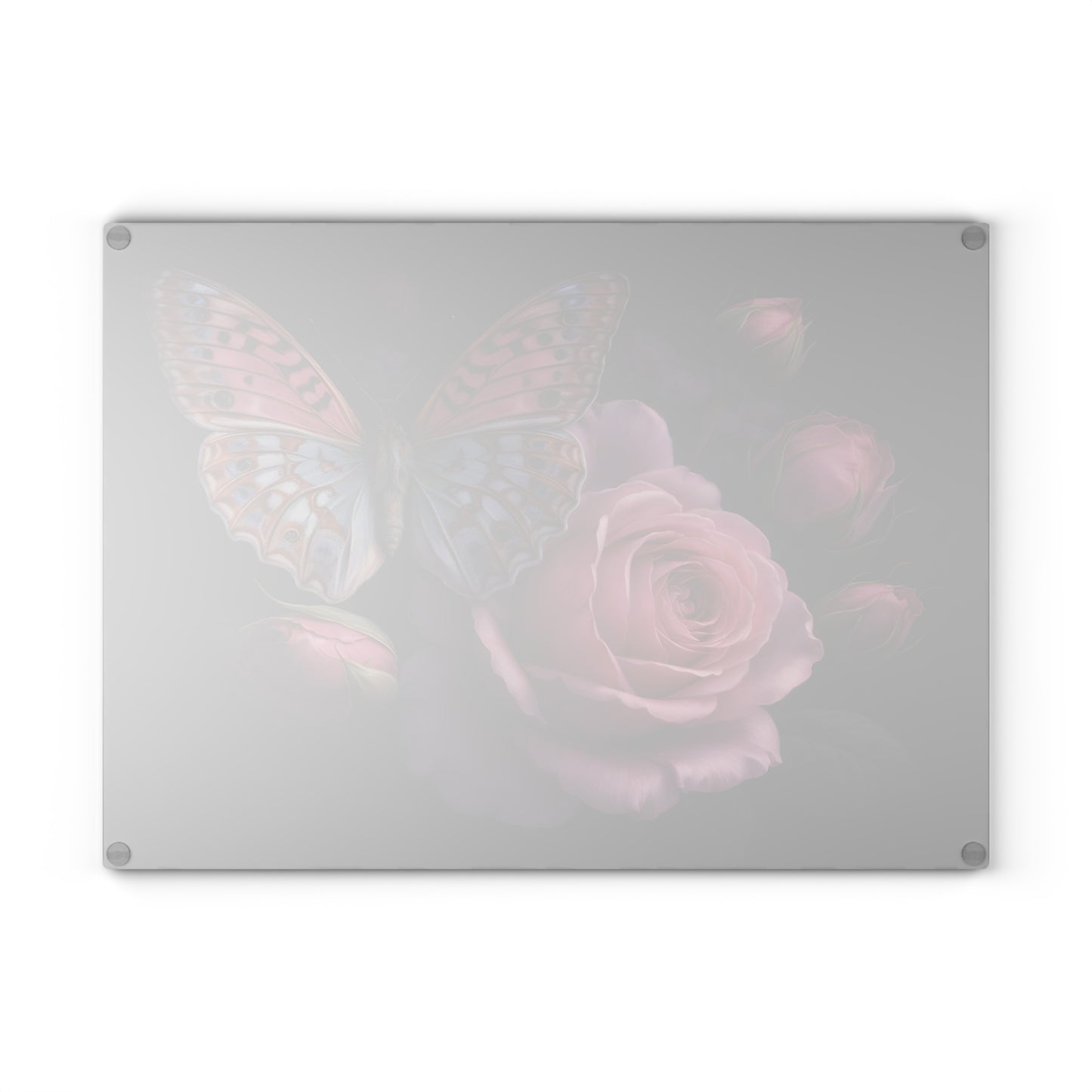 Pink Rose & Butterfly Glass Cutting Board – Elegant Dark Floral Nature Kitchen Décor