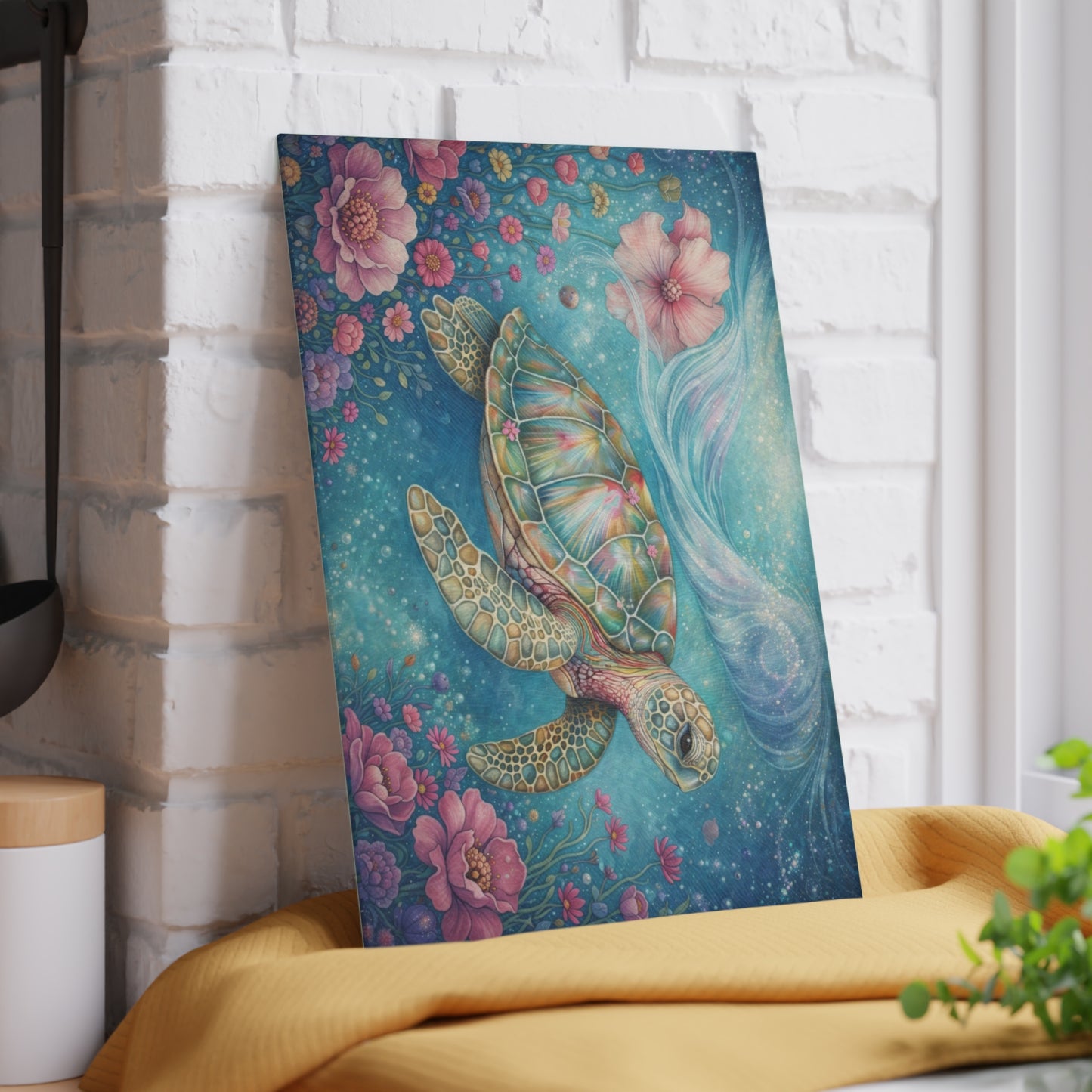 Floral Sea Turtle Glass Cutting Board – Dreamy Ocean Garden with Soft Pastel Blooms