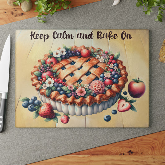 🥧 Keep Calm and Bake On Cutting Board – Whimsical Pie-Inspired Kitchen Charm