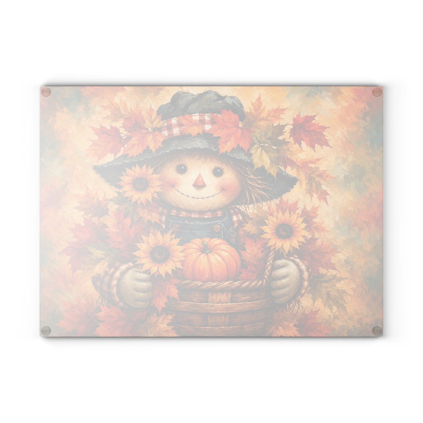 Autumn Scarecrow Glass Cutting Board – Sunflower Pumpkin Fall Kitchen Decor