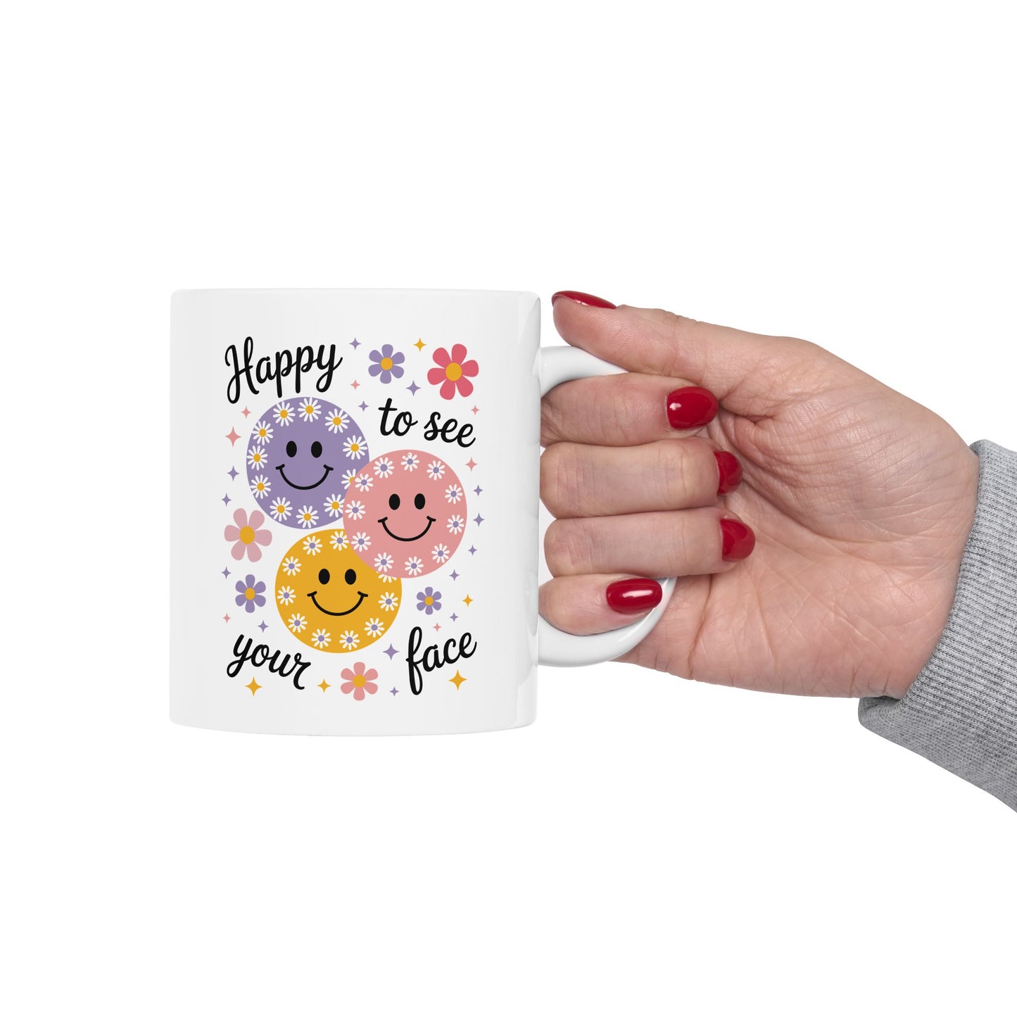 🌸😊 Happy to See Your Face Mug – Retro Smiley Flower Coffee Cup ☕🌼