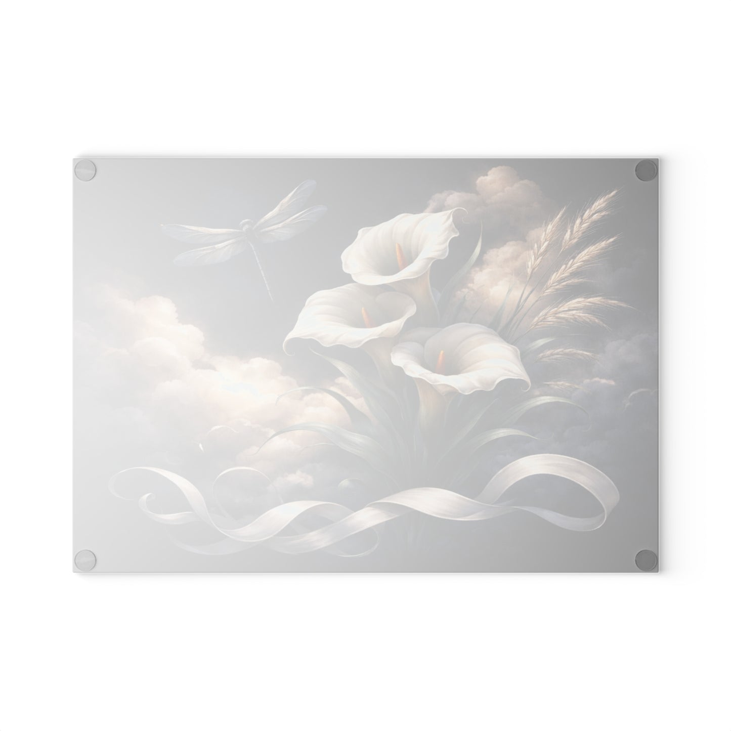 Calla Lily and Dragonfly Glass Cutting Board – Elegant Floral Botanical Artwork